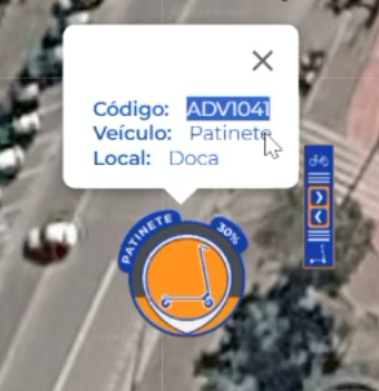 Map popup with vehicle code, type (Scooter), and location (Dock).