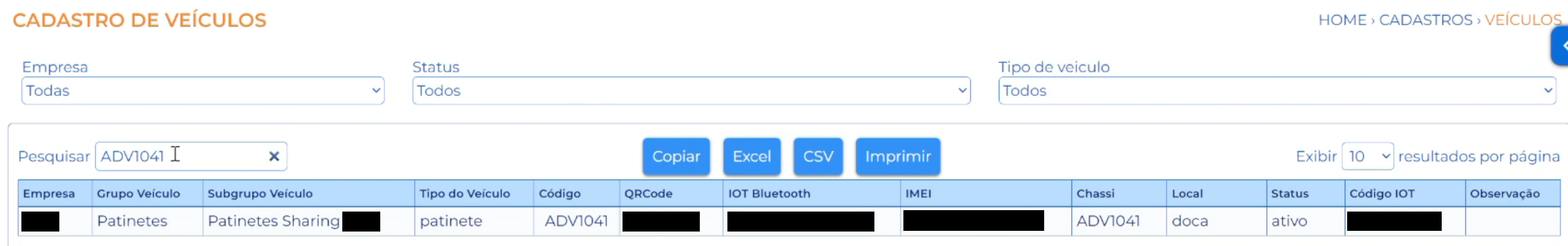The "Vehicle Registry" screen searching for a specific scooter; sensitive columns already redacted.