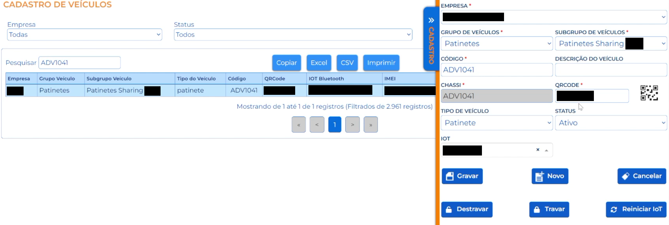 Vehicle edit form with the Unlock, Lock, and Restart IoT buttons.